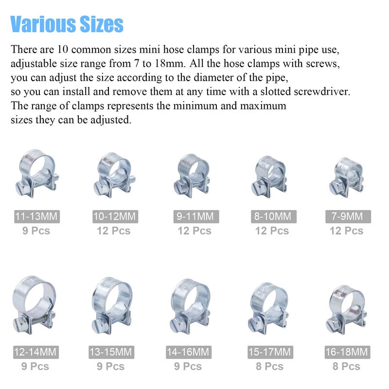 DYWISHKEY 100Pcs 10 Sizes Zinc Plated Mini Fuel Injection Line Style Hose Clamp Assortment Kit, Perfect for Automotive, Agriculture, Plant & Construction - Image 3